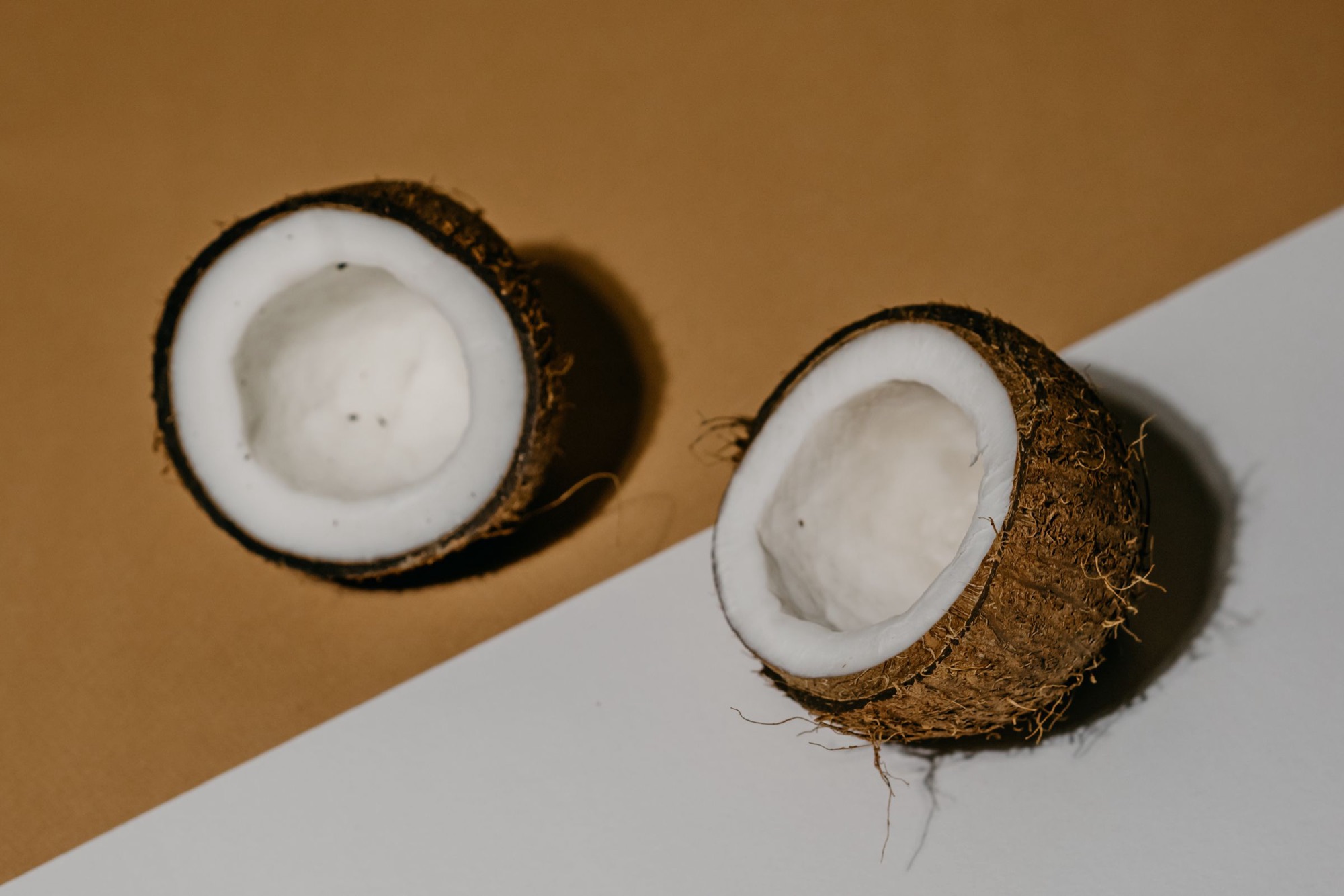 Halved coconuts on a two-tone surface